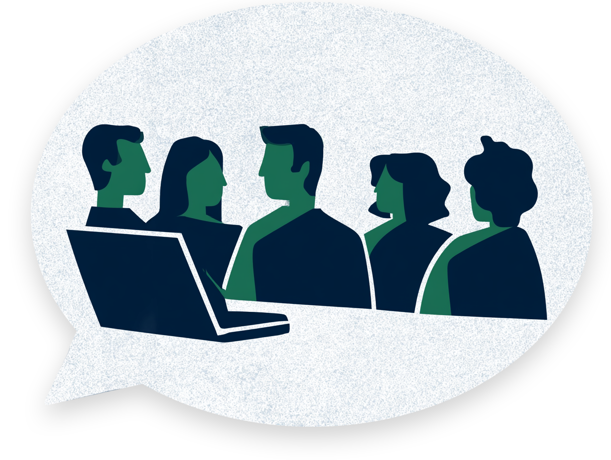 The Council — five reviewers around a laptop, inside a speech bubble