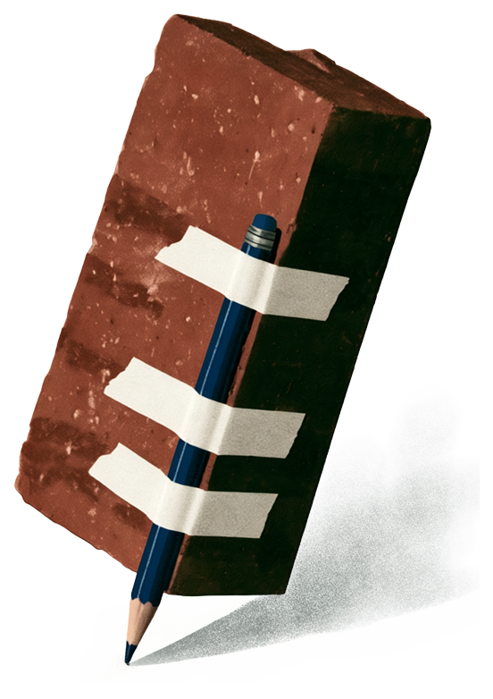 A pencil with a brick taped to it
