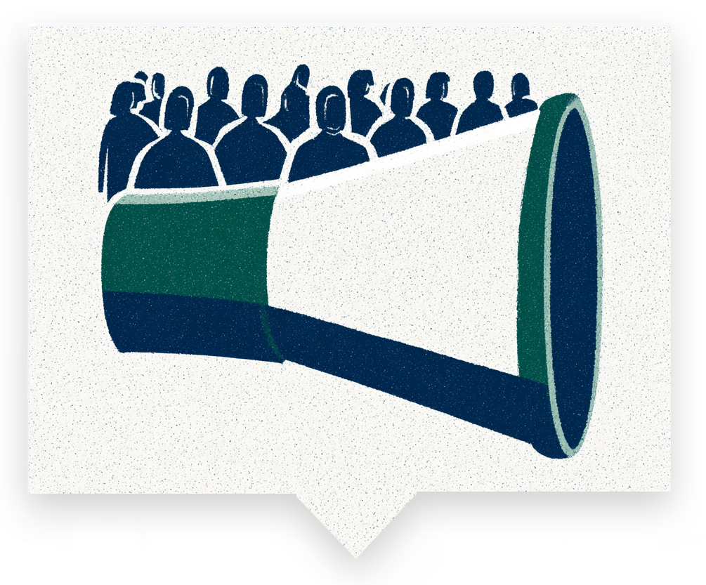 A megaphone formed from a crowd of curators, inside a speech bubble — a call to the world's curators