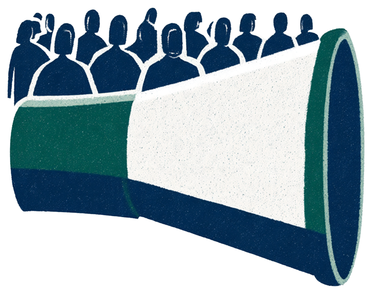 A megaphone formed from a crowd of curators — a call to the world's curators
