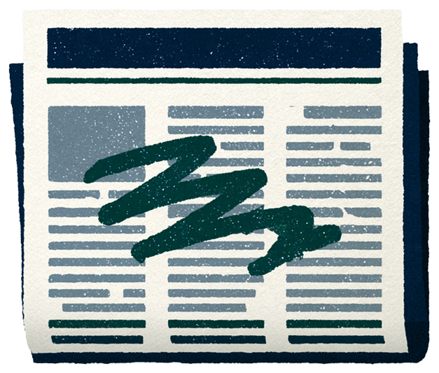 A newspaper front page with an editing mark struck across it
