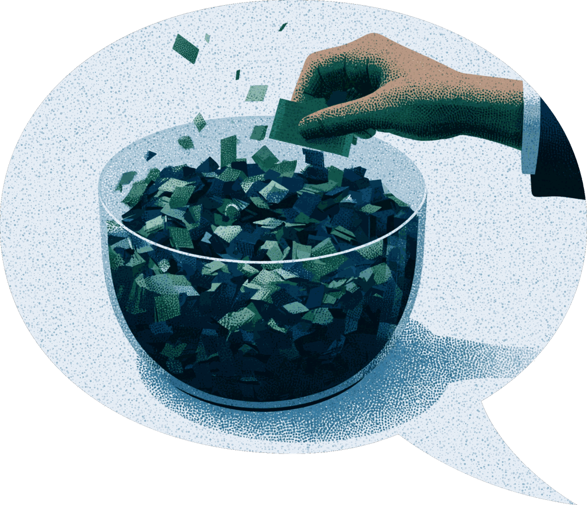 A suited hand drops curated paper fragments into a glass bowl already full of them, inside a speech bubble
