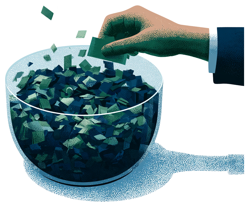 A suited hand drops curated paper fragments into a glass bowl already full of them